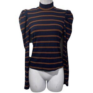 Fika the Brand Ribbed Knit Shirt Blue Striped Mock Neck Puff Sleeves Fitted Sz M